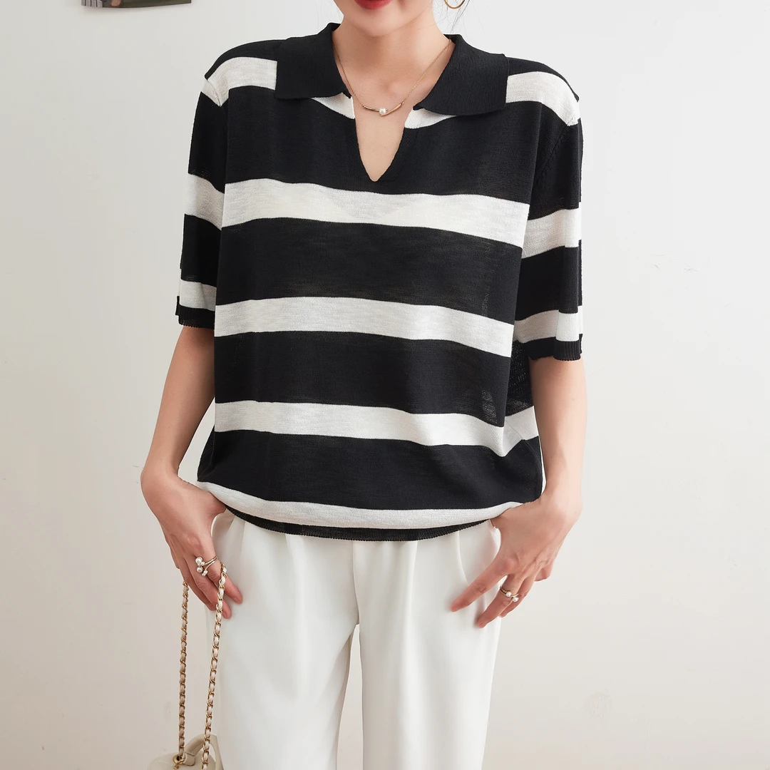813女款时尚休闲夏季百搭宽松条纹翻领套头针织短袖毛衣针织衫
