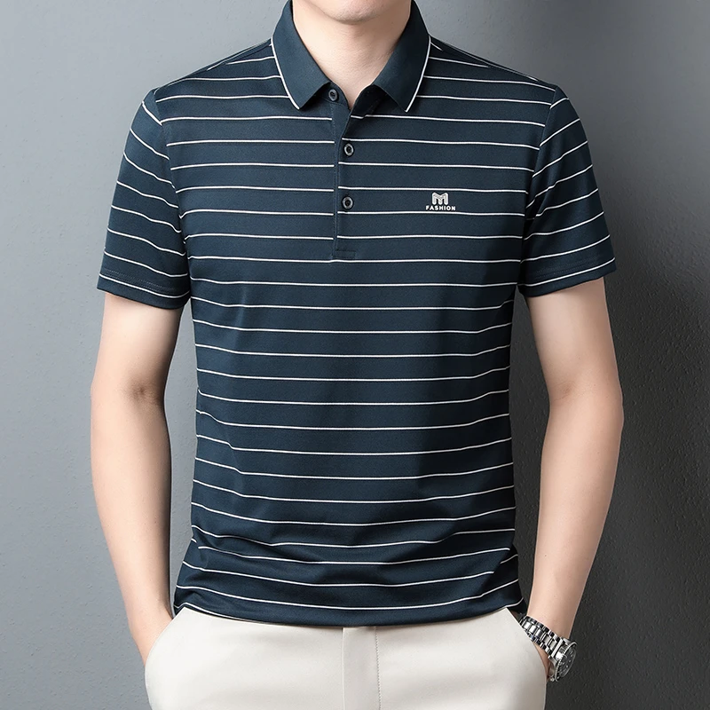 中老年男装男士短袖T恤色织条纹爸爸夏装夏季POLO衫男士t恤上衣