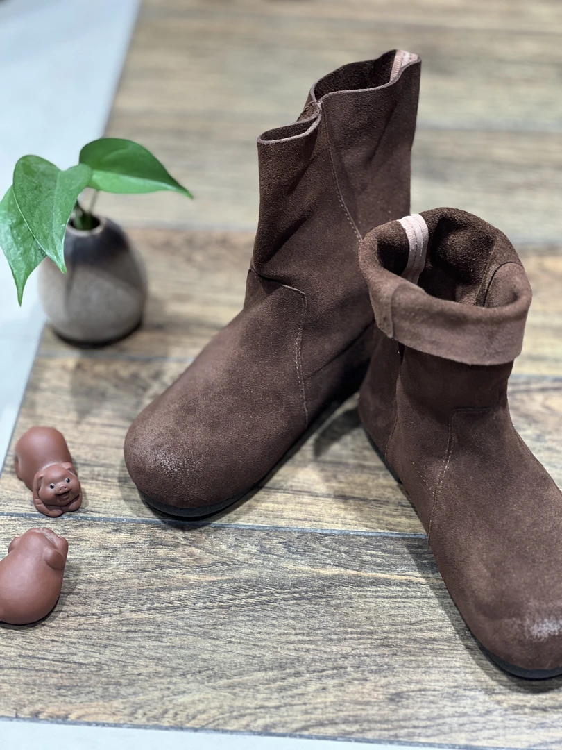 原创经典四季复古百搭气质圆头牛筋平底真皮高订牛皮单靴女靴短靴