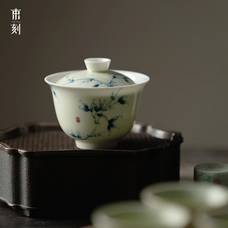 束刻玉瓷手绘青花盖碗防烫家用手工薄胎带盖二才泡茶碗复古瓷盖碗