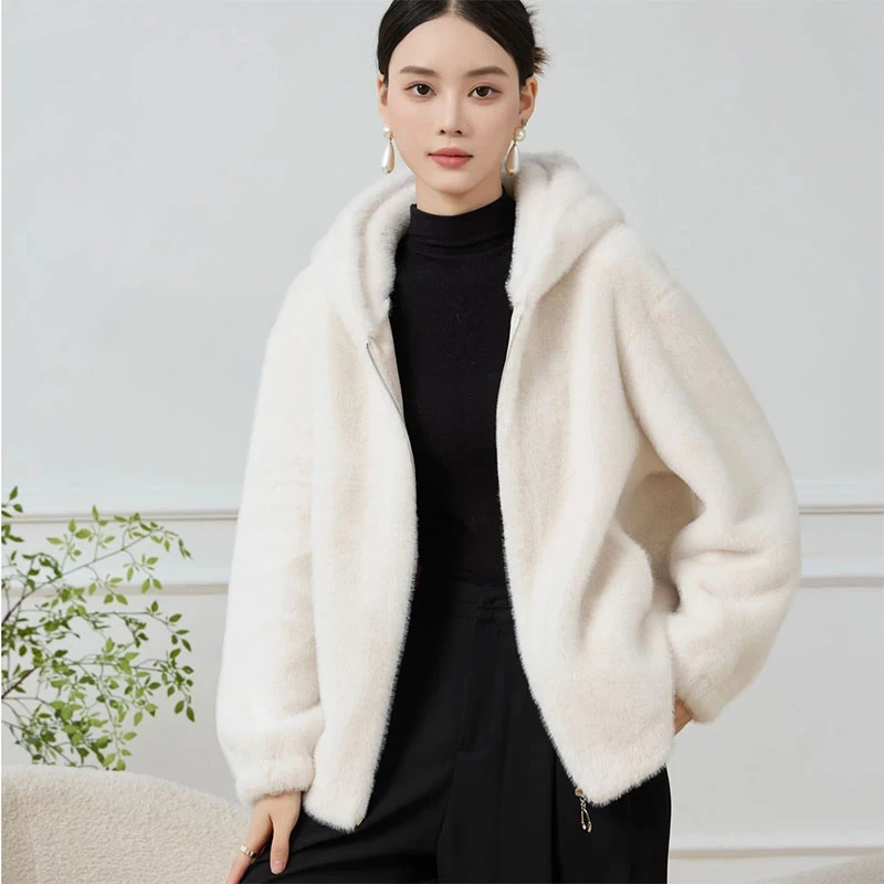 2025水貂绒外套女连帽雪兰貂仿水貂绒毛气质修身外套88031