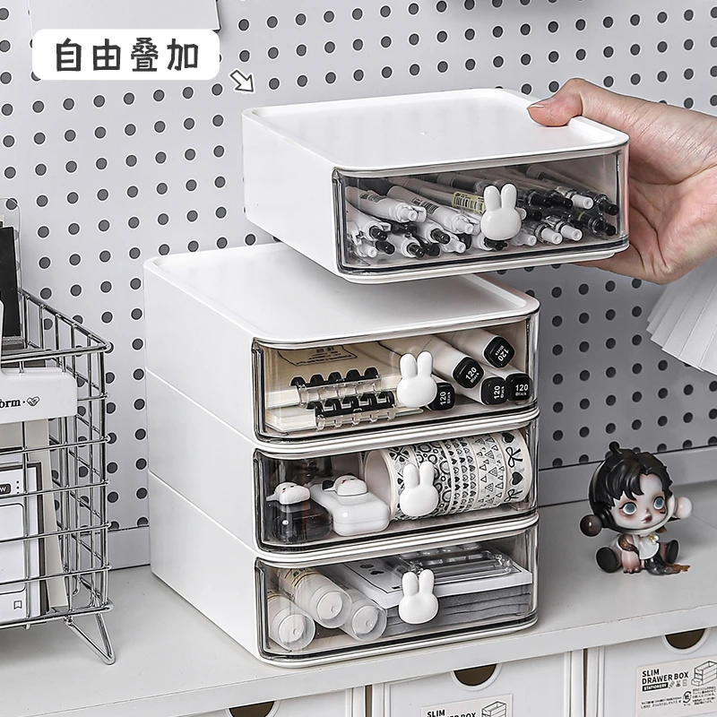 宿舍收纳盒可爱兔头透明抽屉式整理盒学生小物件杂物书桌面整理架