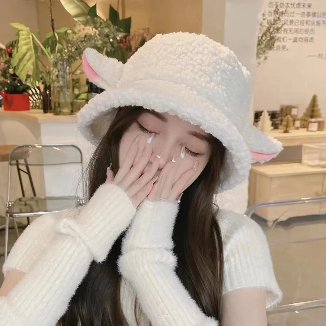 毛绒帽子女小羊耳朵渔夫帽秋冬日系甜美可爱适合圆脸盆帽少女萌系