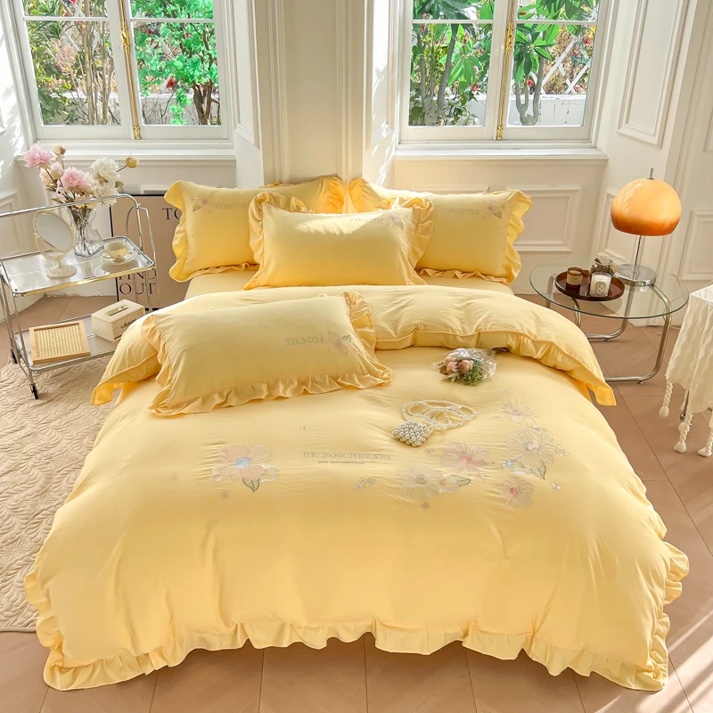 【十里春至臻】新款公主风刺绣花边小清新色织水洗棉三件套四件套