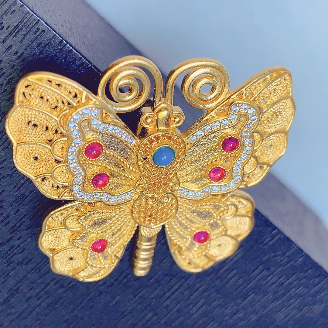 【水贝黄金】足金999镶嵌花丝蝴蝶吊坠韦雪同款N300