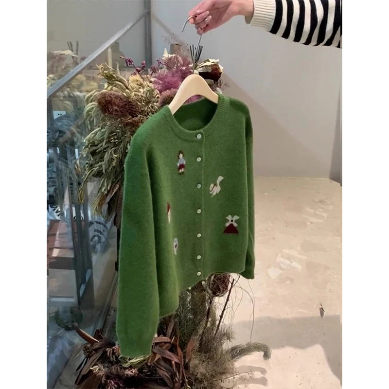 【下架】甜美可爱气质长袖圆领针织衫2024超好看绿色显白开衫女