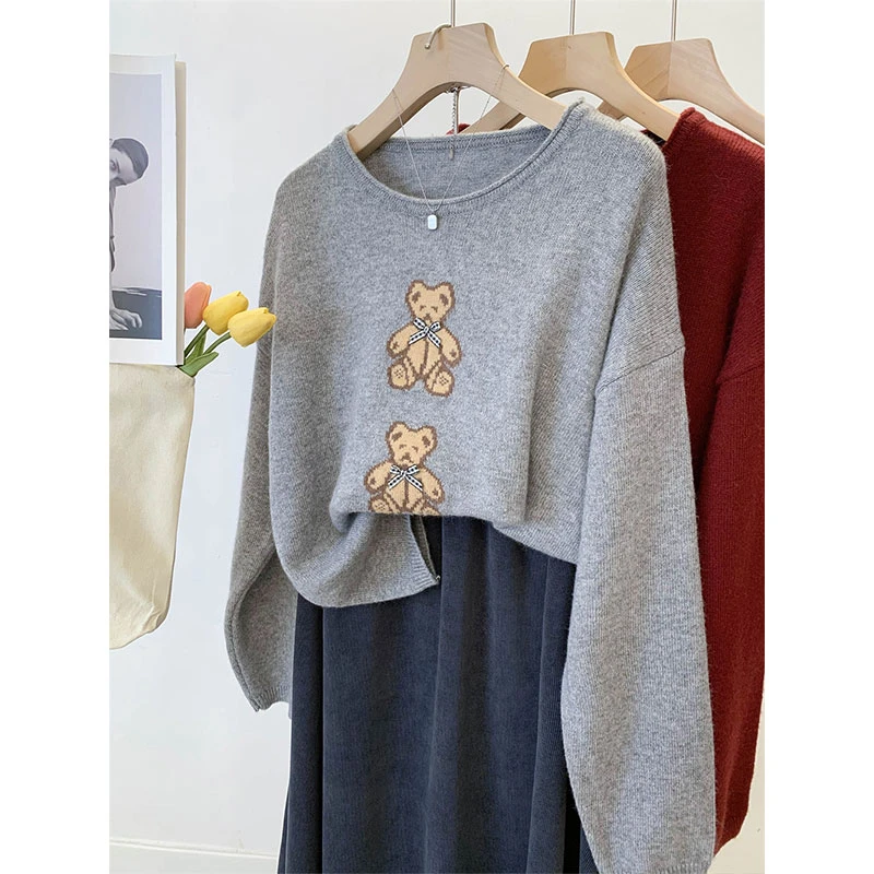 【现货现发】温柔风卡通小熊提花圆领毛衣女韩系宽松慵懒打底针织衫