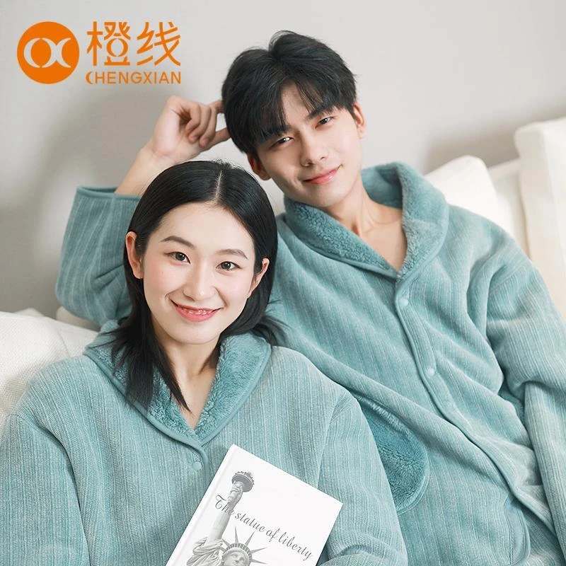 橙线睡衣女春秋雪尼尔拼接翻领保暖情侣款家居服长袖休闲套装TZ