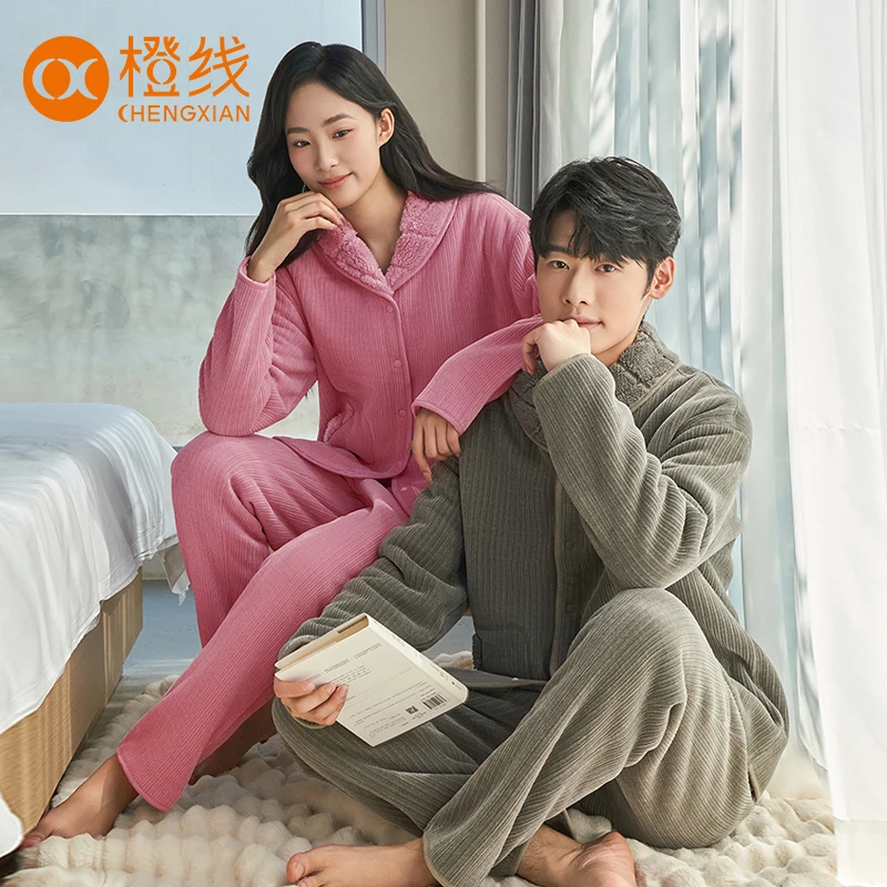 橙线新款经典双面穿竖纹雪绒花时尚倾国领暖身家居服E841003-