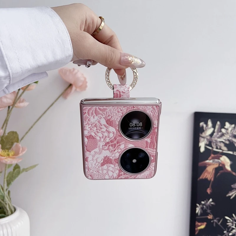 华为Pocket2手机壳指环手链防摔P50pocketS潮壳国⻛刺绣⽪纹适用