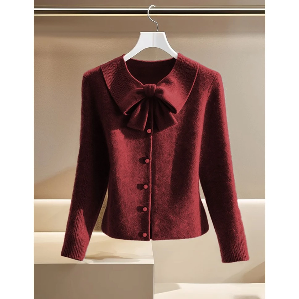独特超好看酒红色针织开衫女外穿2024秋软糯慵懒风蝴蝶结毛衣外套