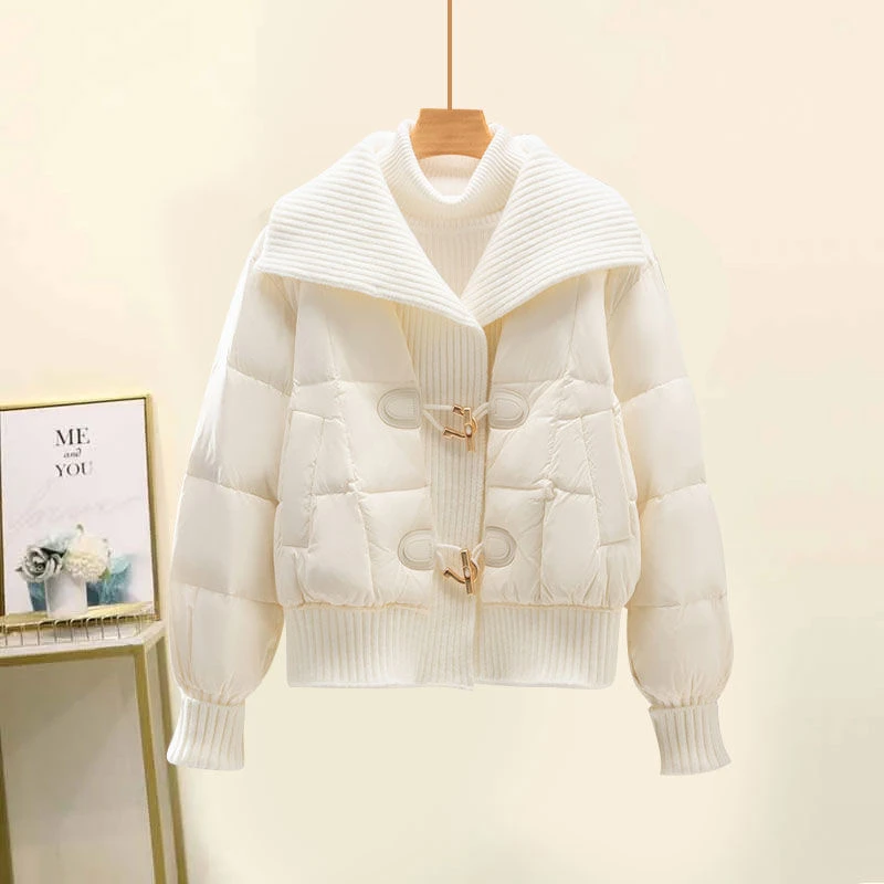 白色针织翻领棉服女短款2025冬新款法式加厚保暖设计感时尚外套潮