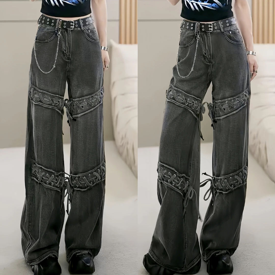 【笑姐定制】5956 小众做旧织带交叉镂空设计百搭阔腿牛仔裤