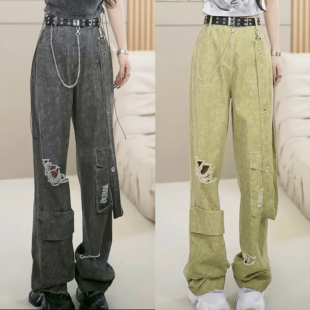 【笑姐定制】D96168 原创设计工装大口袋破洞雪花阔腿牛仔裤