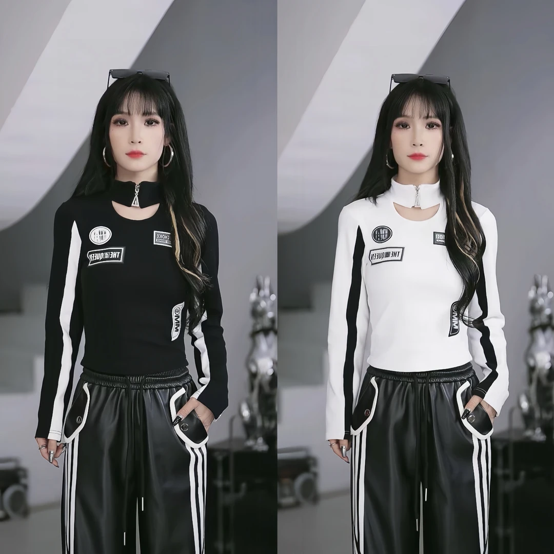 【笑姐定制】D9A126 原创磨毛加厚撞色拼接字母印花小镂空设计长袖