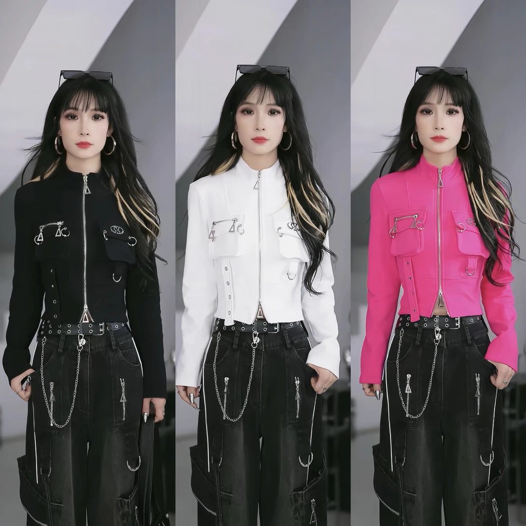 【笑姐定制】D9A219 原创磨毛加厚重工双口袋拉链设计拼接修身外套