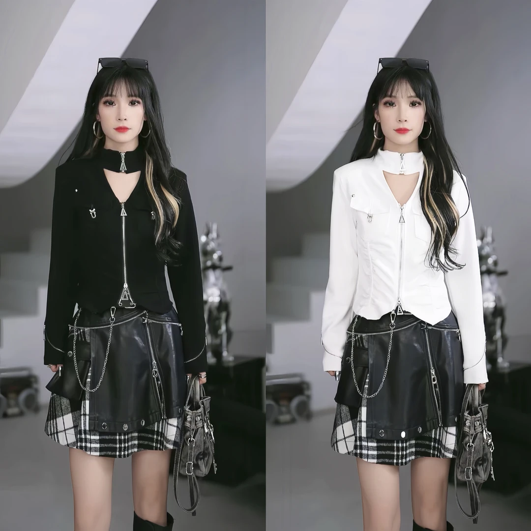 【笑姐定制】D99995 原创纯色拼接褶皱领口小设计钉珠拉链外套