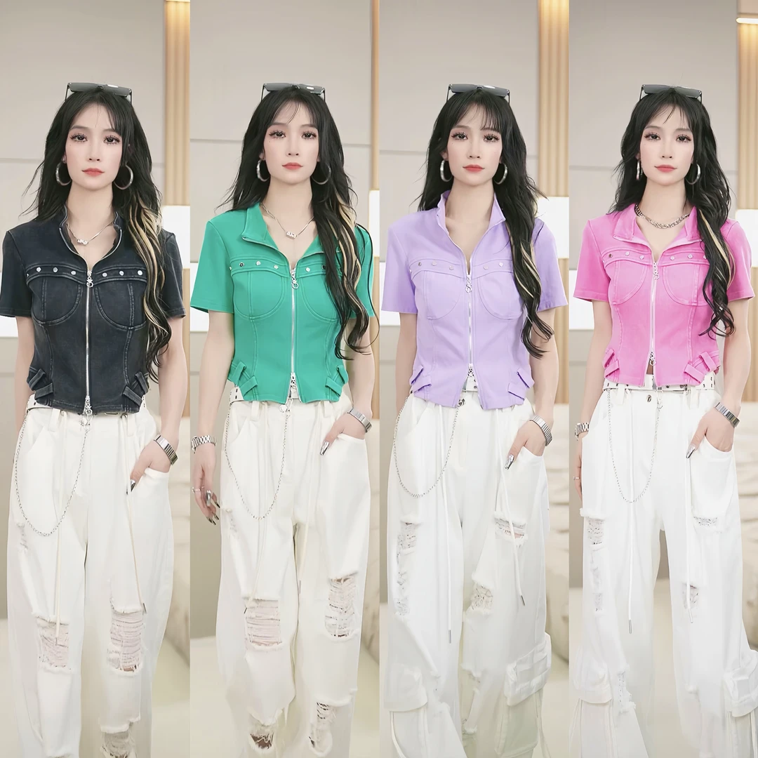 【笑姐定制】D96221 原创美式新款做旧水洗拉链纯色显瘦短袖