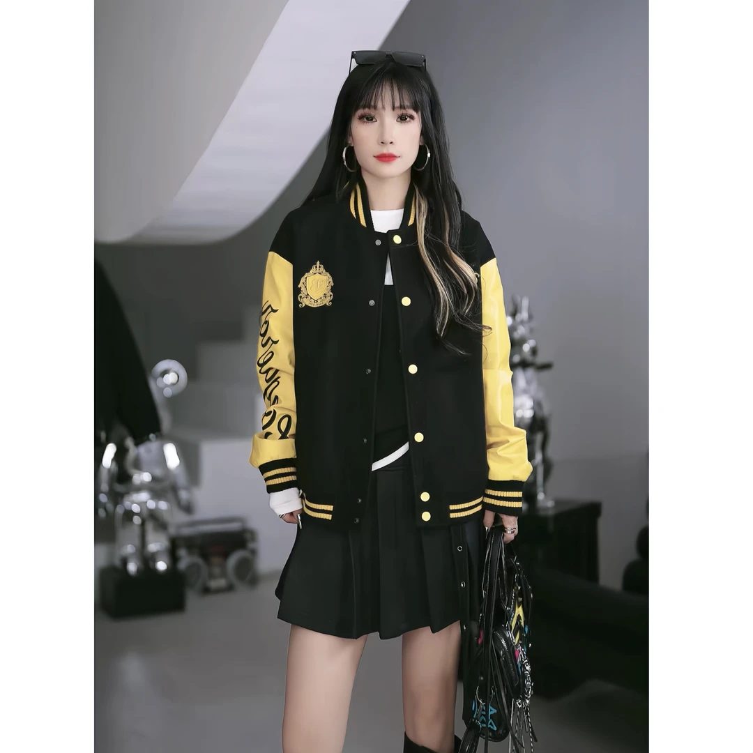 【笑姐定制】26933 秋冬新款撞色拼接字母刺绣百搭宽松棒球服外套