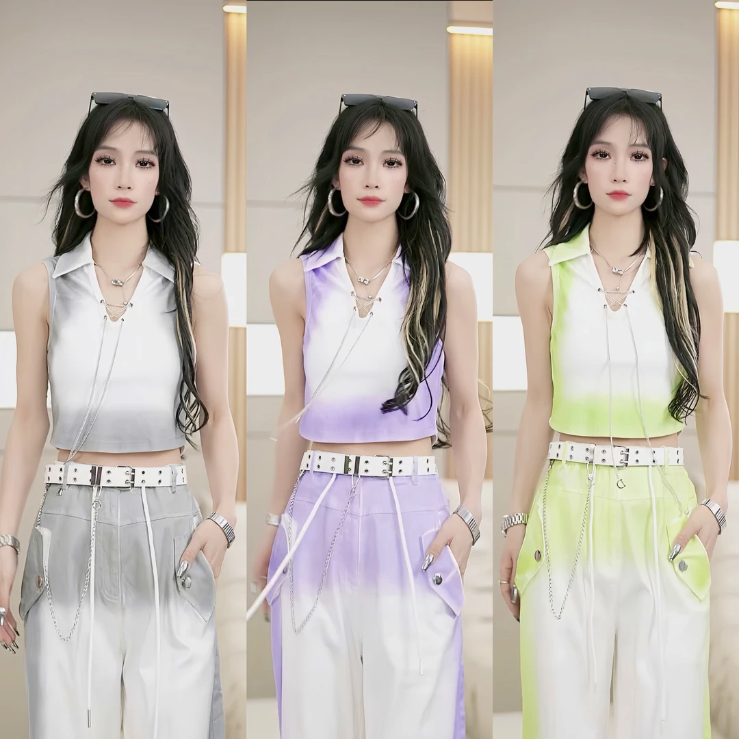 【笑姐定制】D96355 原创彩色扎染V领带链条小设计显瘦百搭背心