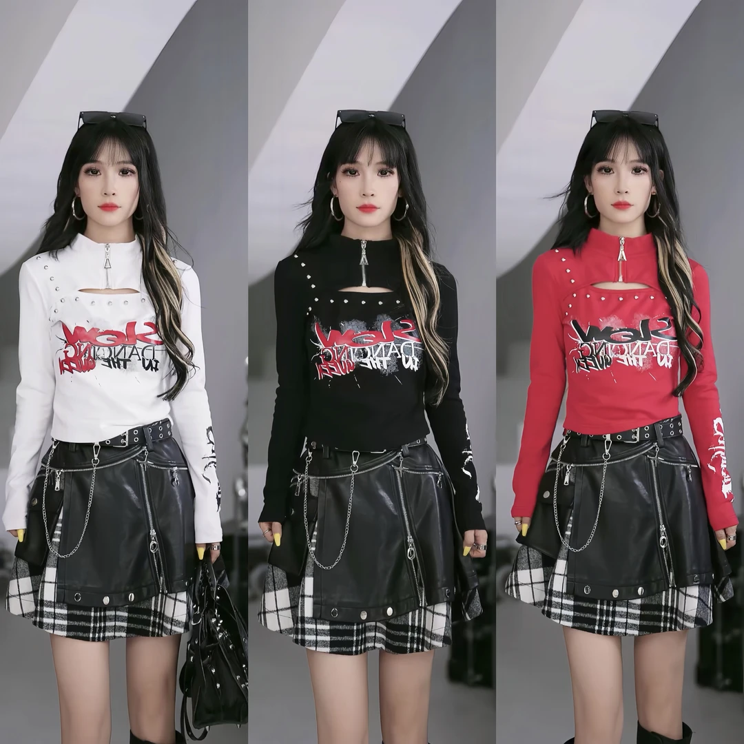 【笑姐定制】D99150 原创磨毛加厚多穿字母印花领口拉链镂空长袖