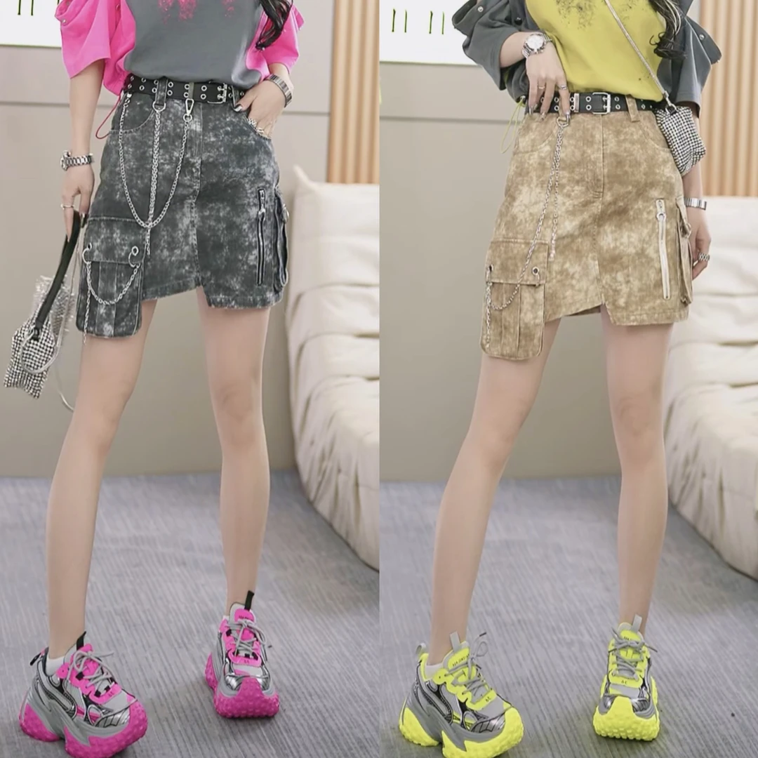 【笑姐定制】D96157 原创设计夏季工装口袋辣妹显瘦A字包臀牛仔裤裙