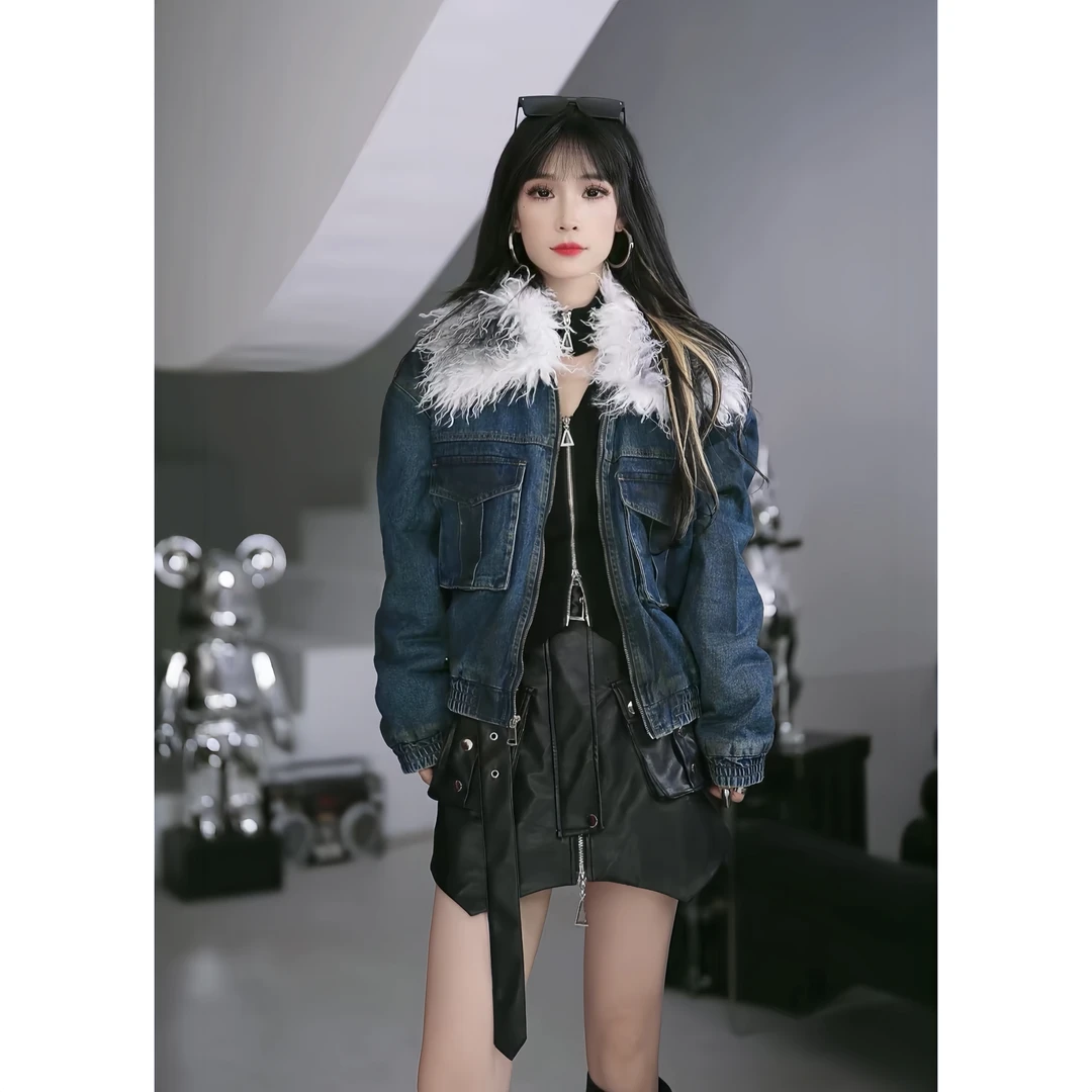 【笑姐定制】63337 秋冬新款加绒加厚毛领拼接水洗牛仔宽松外套