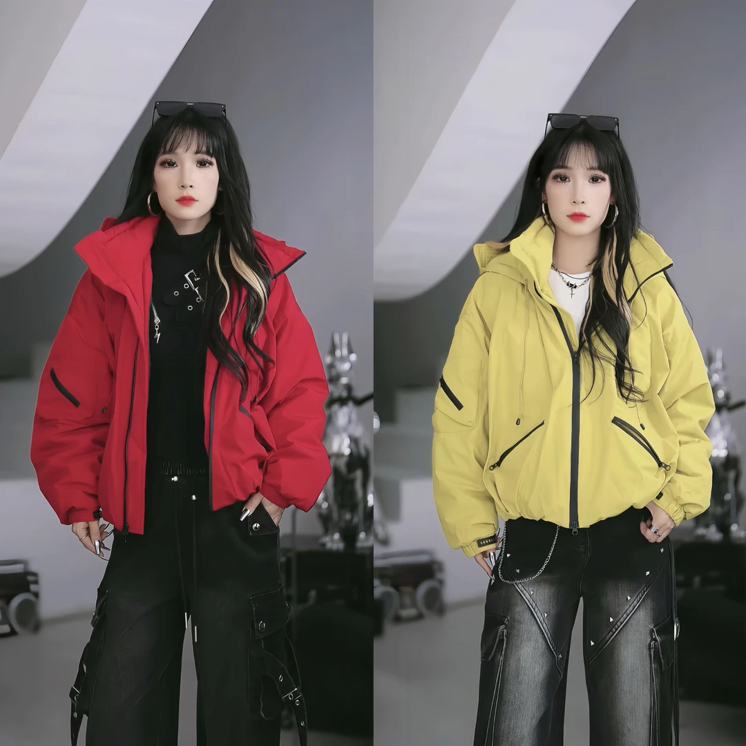 【笑姐定制】83089 秋冬小众新款立领连帽纯色保暖冲锋衣羽绒服