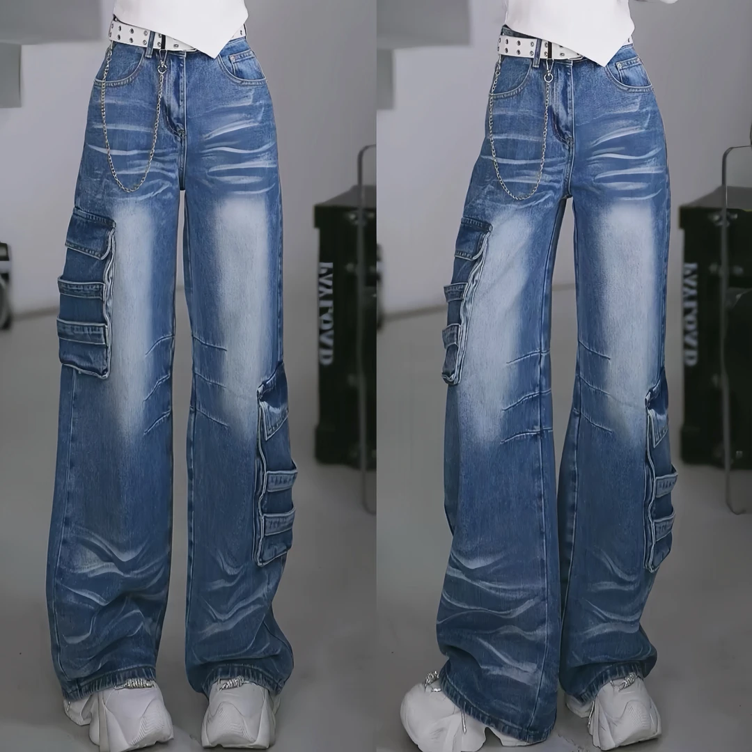 【笑姐定制】80117 秋冬新款加厚水洗口袋织带拼接设计阔腿牛仔裤