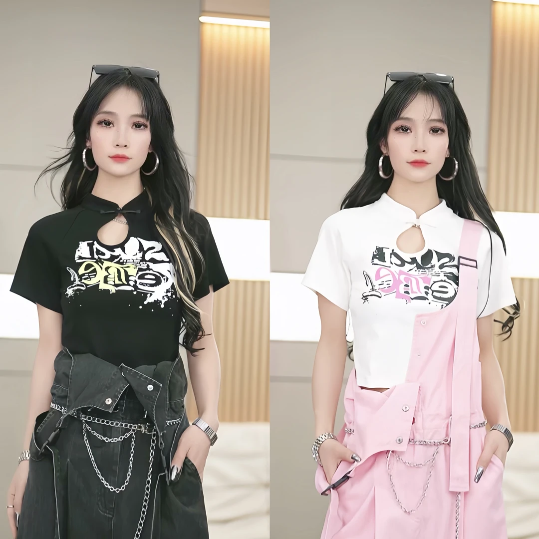 【笑姐定制】D96112 原创新款字母印花胸口镂空盘扣小设计百搭短袖