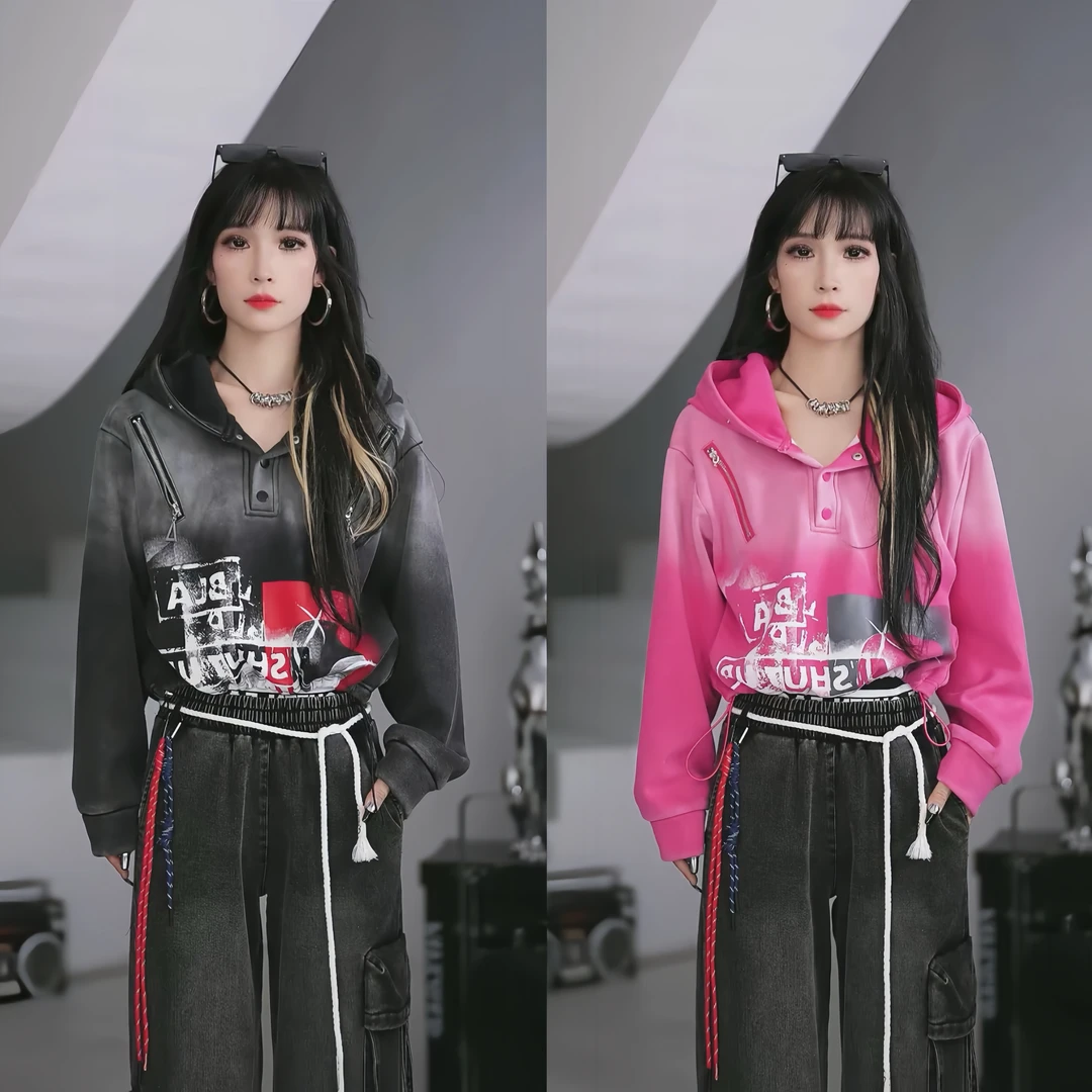 【笑姐定制】D99900 原创加绒加厚做旧渐变印花拉链设计连帽卫衣