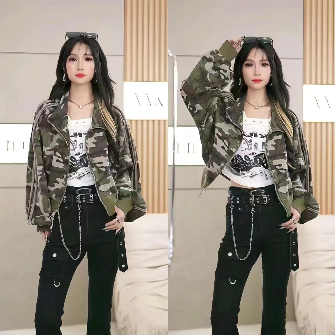 【笑姐定制】13921 早秋小众新款拼接迷彩立领短款百搭外套