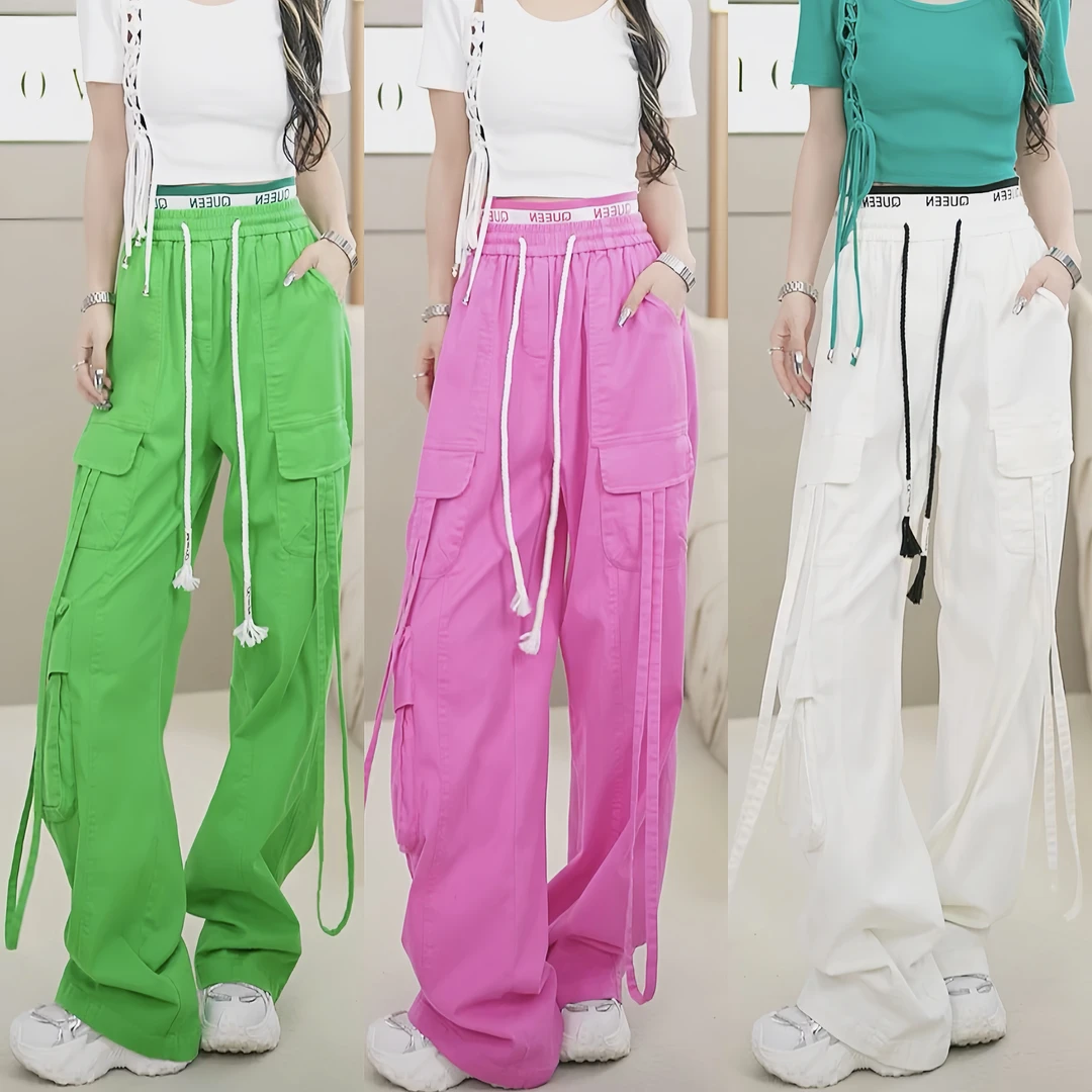 【笑姐定制】D96346 原创纯色设计工装口袋双松紧腰头绑带牛仔裤