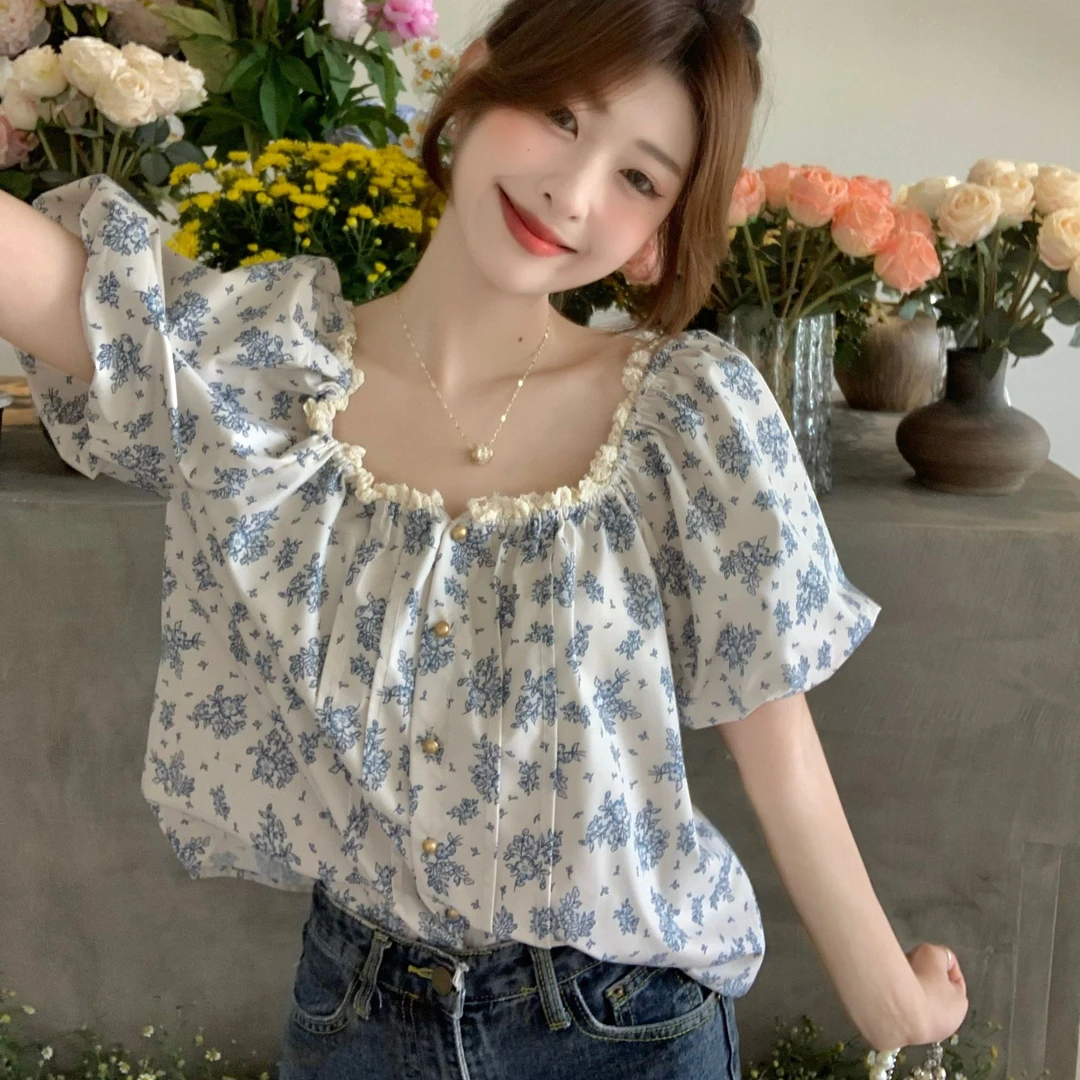 大码胖mm方领碎花短袖衬衫女夏泡泡袖别致雪纺衬衣短款娃娃衫上衣