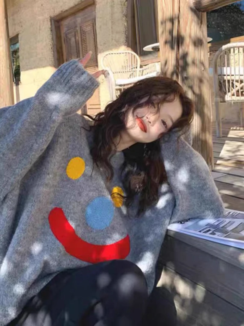 慵懒风冬季毛针织衫印花外穿韩版百搭加厚圆领毛衣秋冬