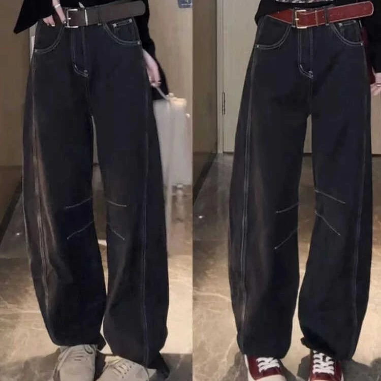 2024新款明线拼接时尚百搭宽松大码弯刀裤女阔腿牛仔裤女长裤秋季