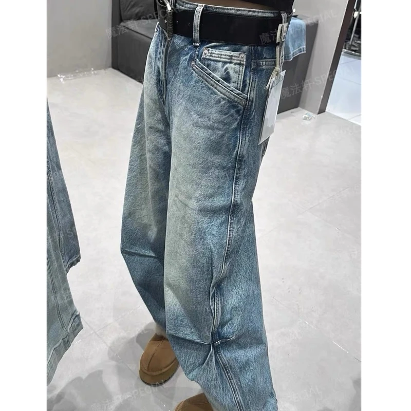 欧洲站侧面褶皱设计水洗复古美式宽松直筒裤女显瘦水洗蓝色牛仔裤