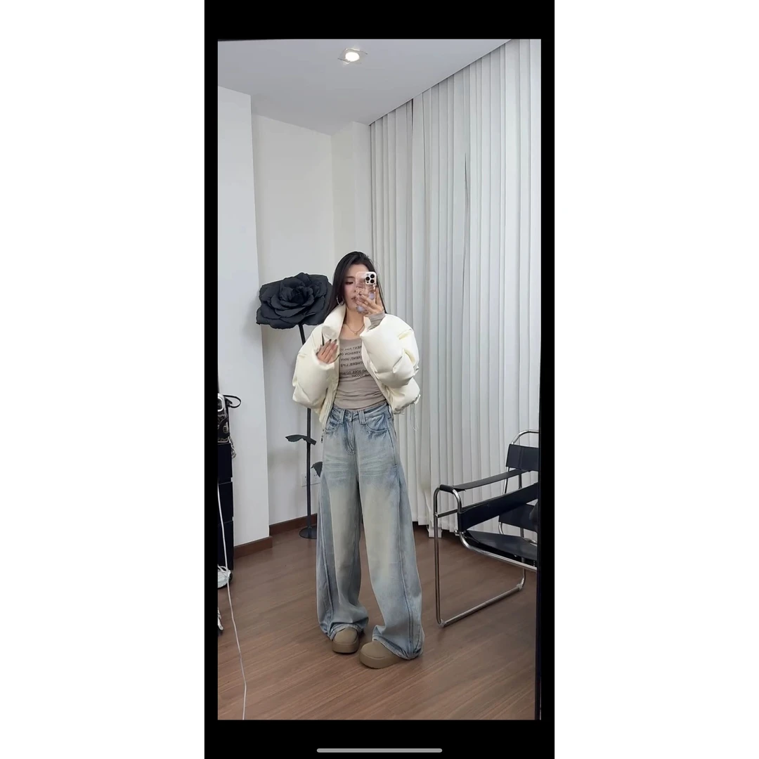 十三行韩版2024冬季新款抓绒阔腿牛仔裤女美式复古直筒拖地长裤潮