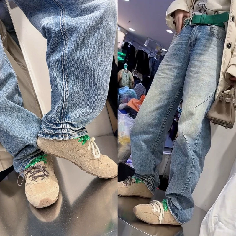 设计感裤脚捏褶皱水洗复古蓝色加厚牛仔裤女弯刀裤女货长裤春秋