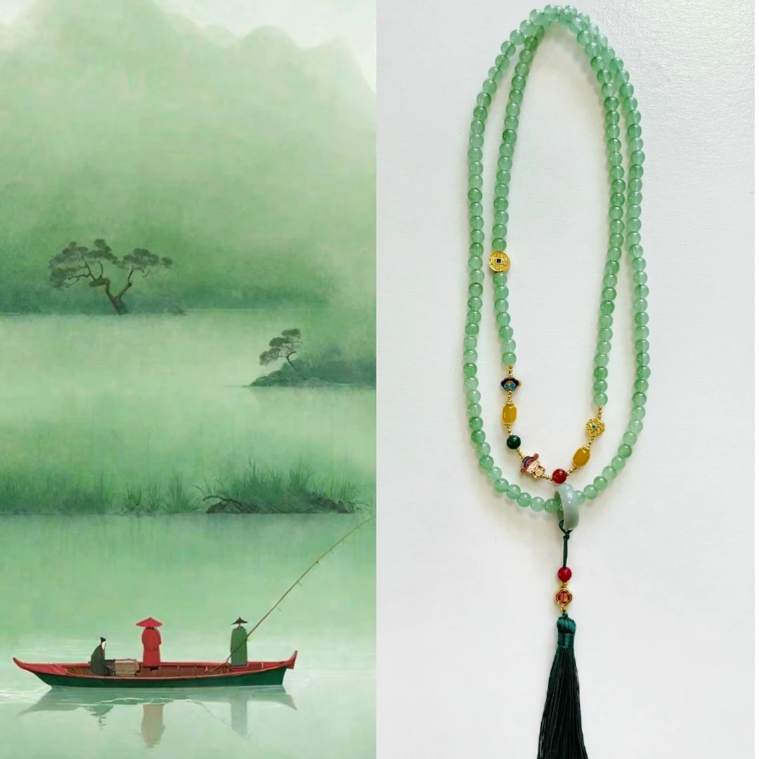 合金玻璃项链 复古新中式国风长款北海新绿串珠斜跨项链