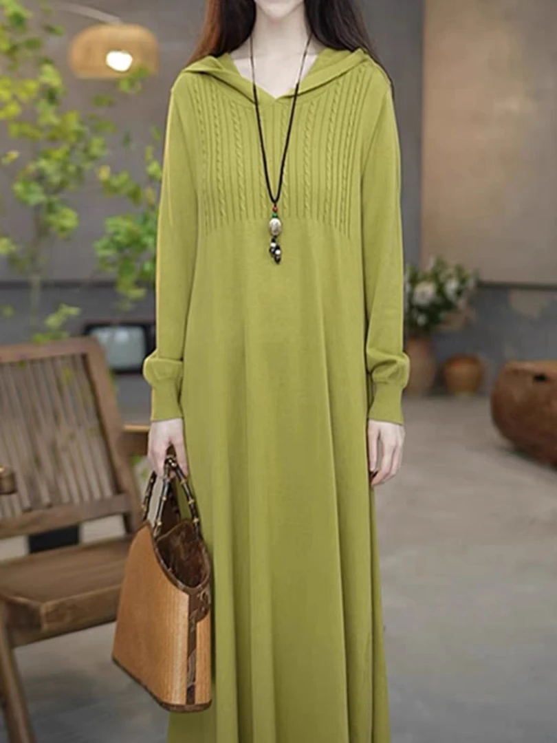 秋冬宽松连帽大摆裙长袖羊毛针织连衣裙时尚洋气保暖文艺气质毛衣