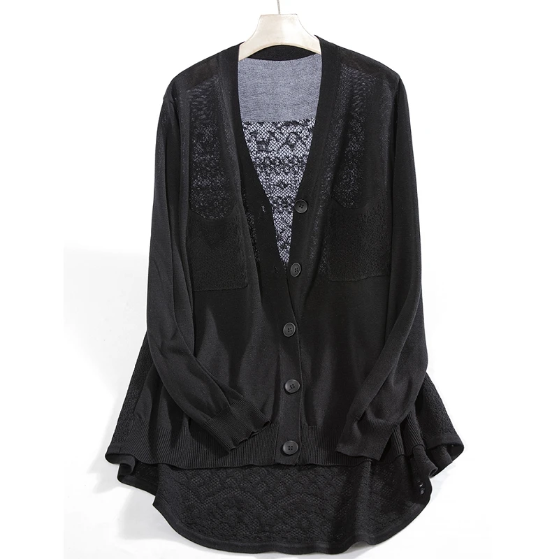 新款针织百搭防晒衫大码女装休闲夏季薄款时尚长袖黑色空调衫05