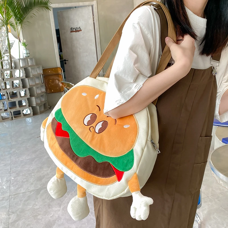 小红书汉堡包包2022新款女可爱卡通帆布包单肩斜挎包大学生上课包