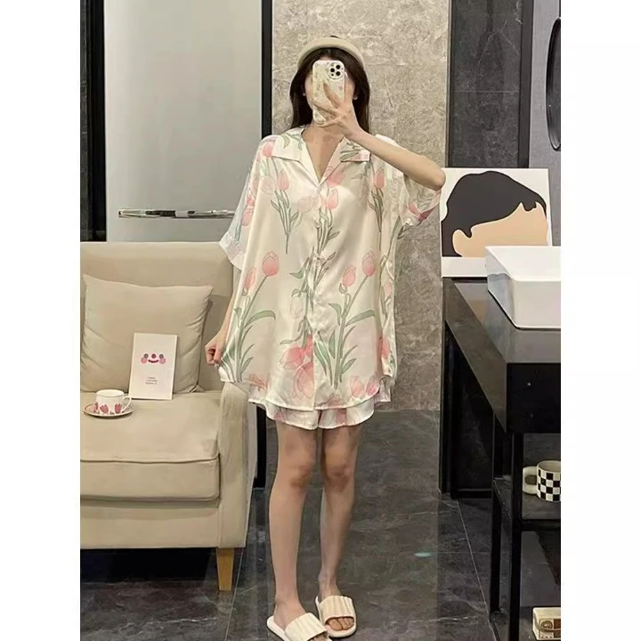 大码250斤宽松睡衣女冰丝短袖短裤夏季套装高级郁金香家居服外穿