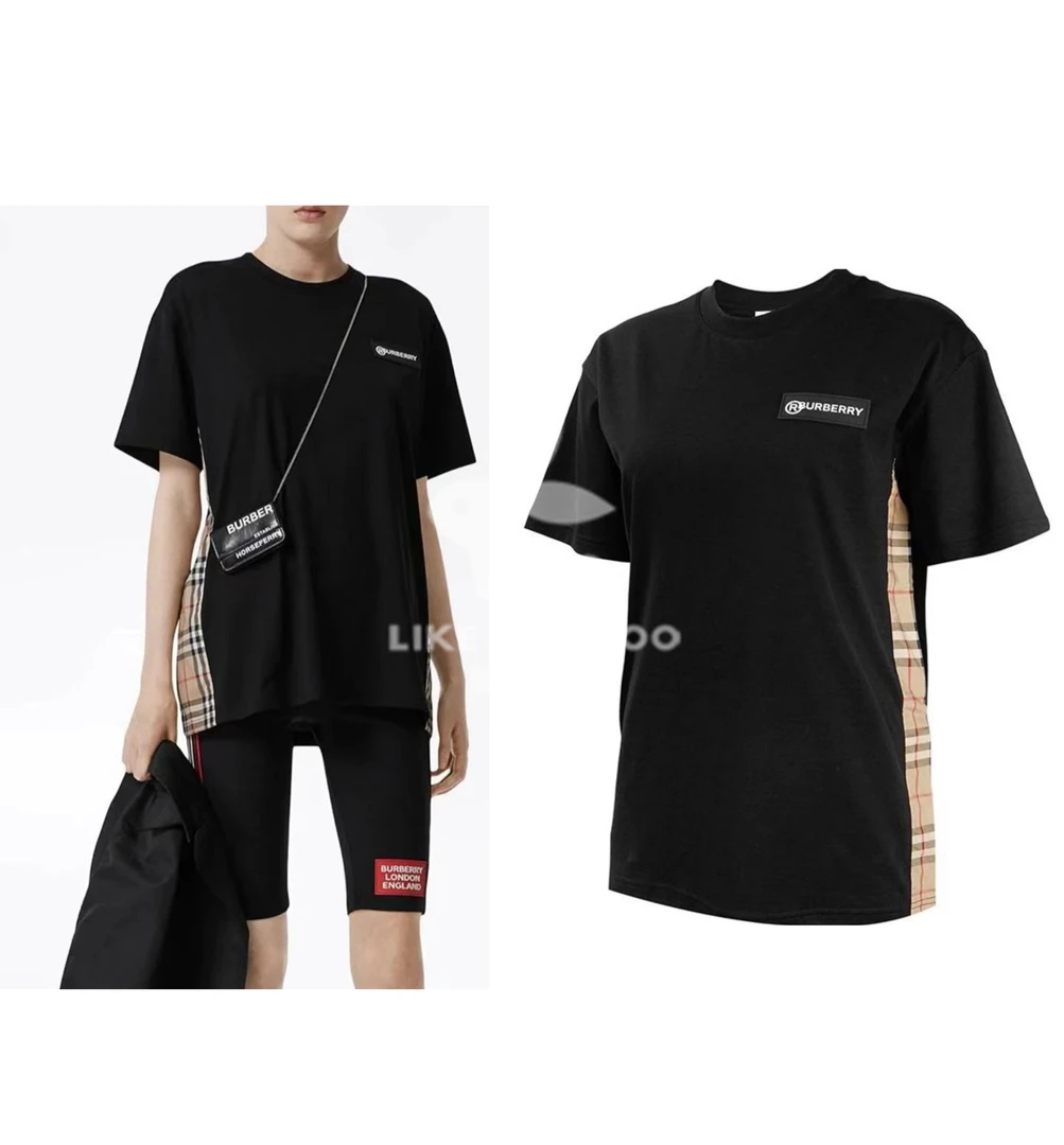 99新 BURBERRY/博柏利 黑色徽章侧面格纹拼接短袖T恤 B0327