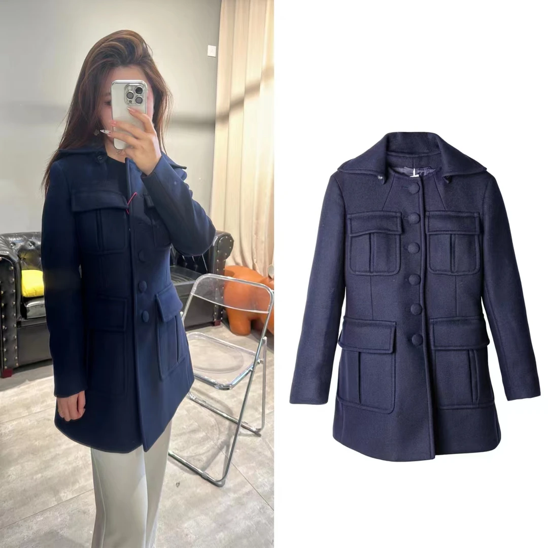 99新 Prada/普拉达 秋冬百搭深蓝色翻领羊毛毛呢大衣40码 P3104