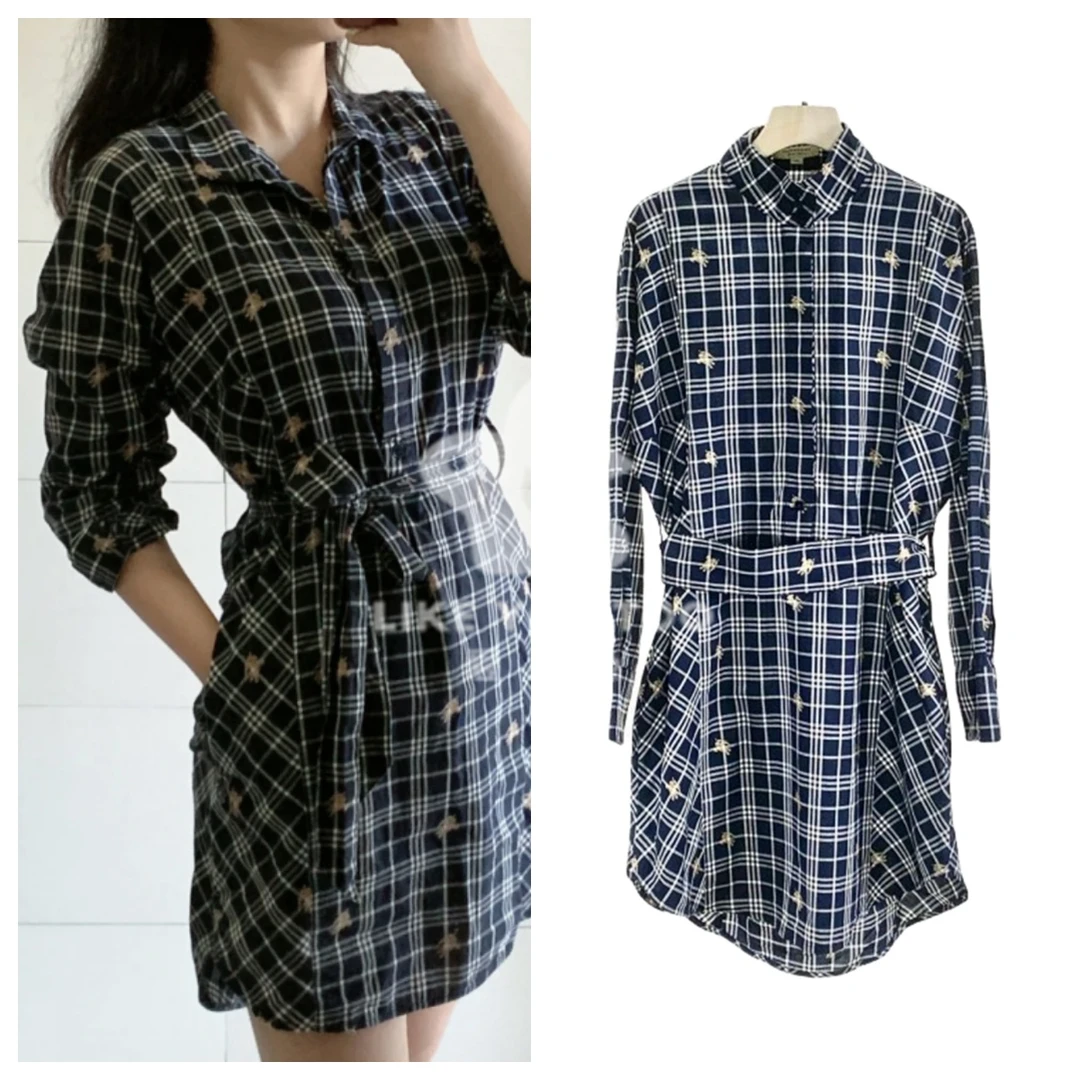 99新 BURBERRY/博柏利 蓝色巴宝莉衬衫裙金色战马图案气质 0401