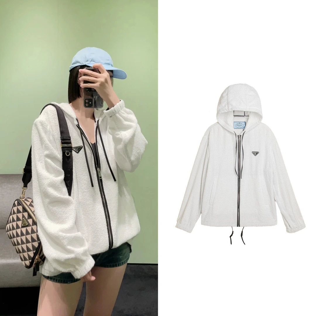 全新未使用 Prada/普拉达 毛巾浴巾款纯色连帽拉链外套 40码P3102