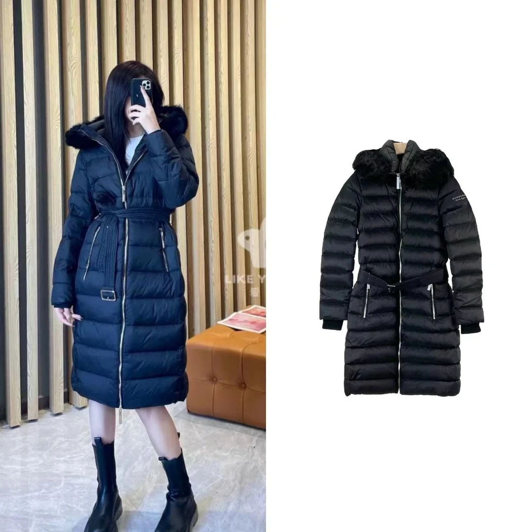 全新未使用 BURBERRY/博柏利 黑色中长款连帽羽绒服外套XS码 0510