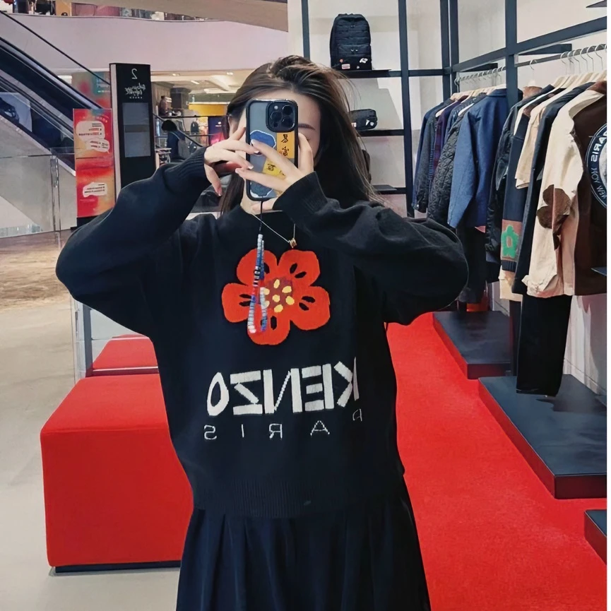 99新 WE11 DONE 海棠花系列男女款花朵长袖套头羊毛衫毛衣